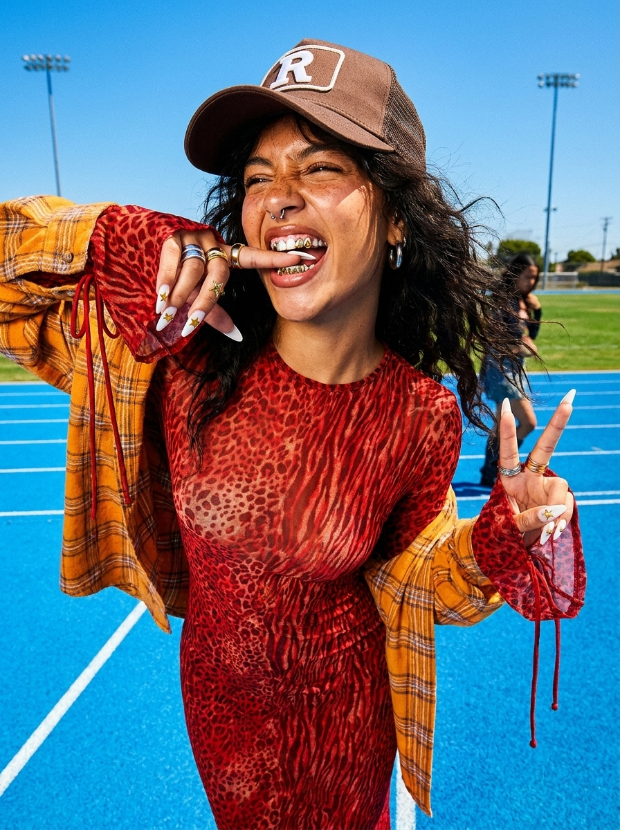 La Pantera red mesh maxi dress track field lifestyle — Rossacasa