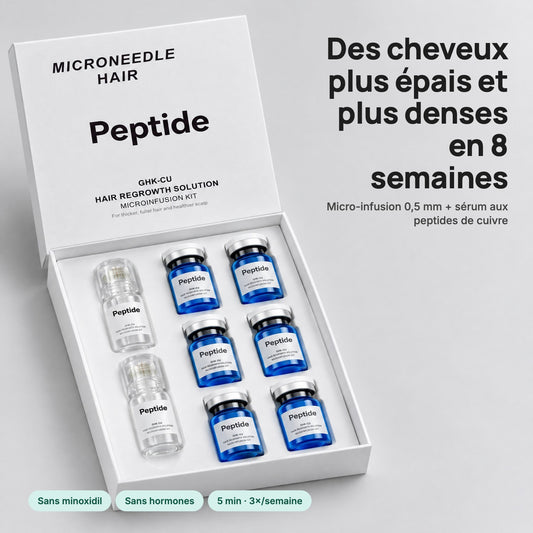Coffret micro-infusion ouvert : 2 applicateurs et 6 fioles de sérum aux peptides de cuivre