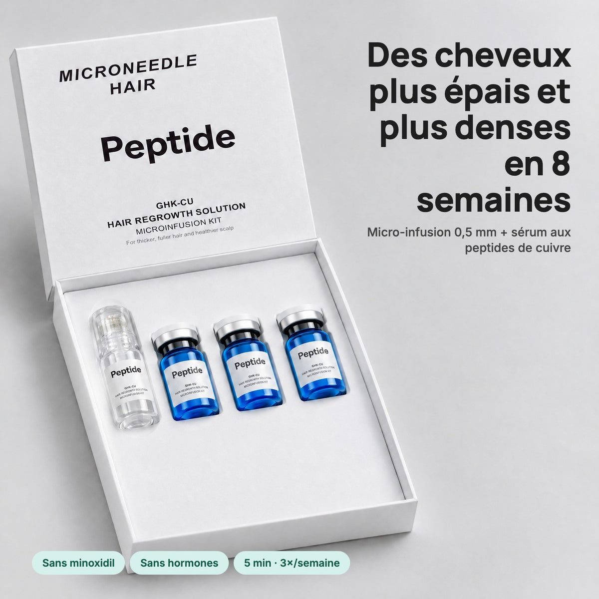 Coffret micro-infusion ouvert : 1 applicateur et 3 fioles de sérum aux peptides de cuivre