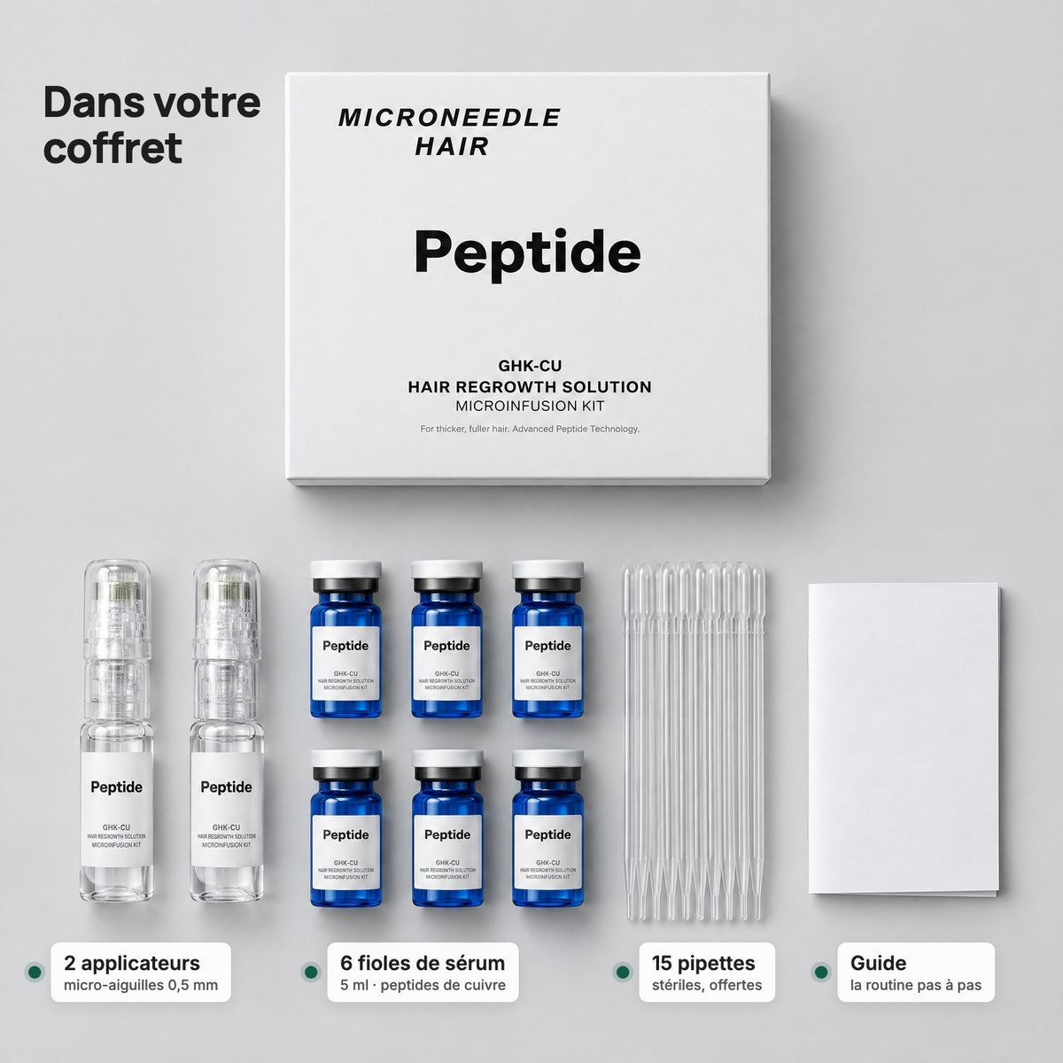 Contenu du coffret : 2 applicateurs, 6 fioles, 15 pipettes, guide