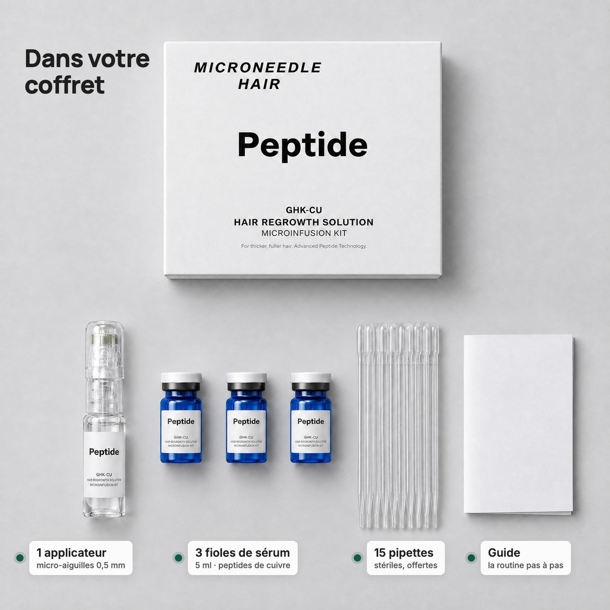 Contenu du coffret : 1 applicateur, 3 fioles, 15 pipettes, guide