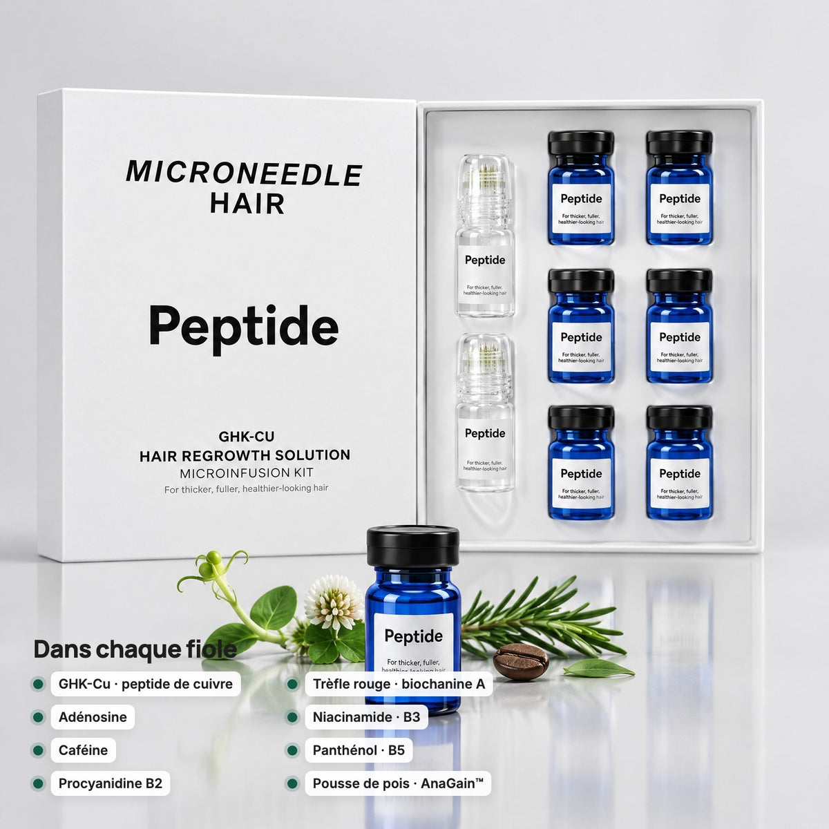 Les actifs de chaque fiole : GHK-Cu, adénosine, caféine, procyanidine B2, trèfle rouge, niacinamide, panthénol