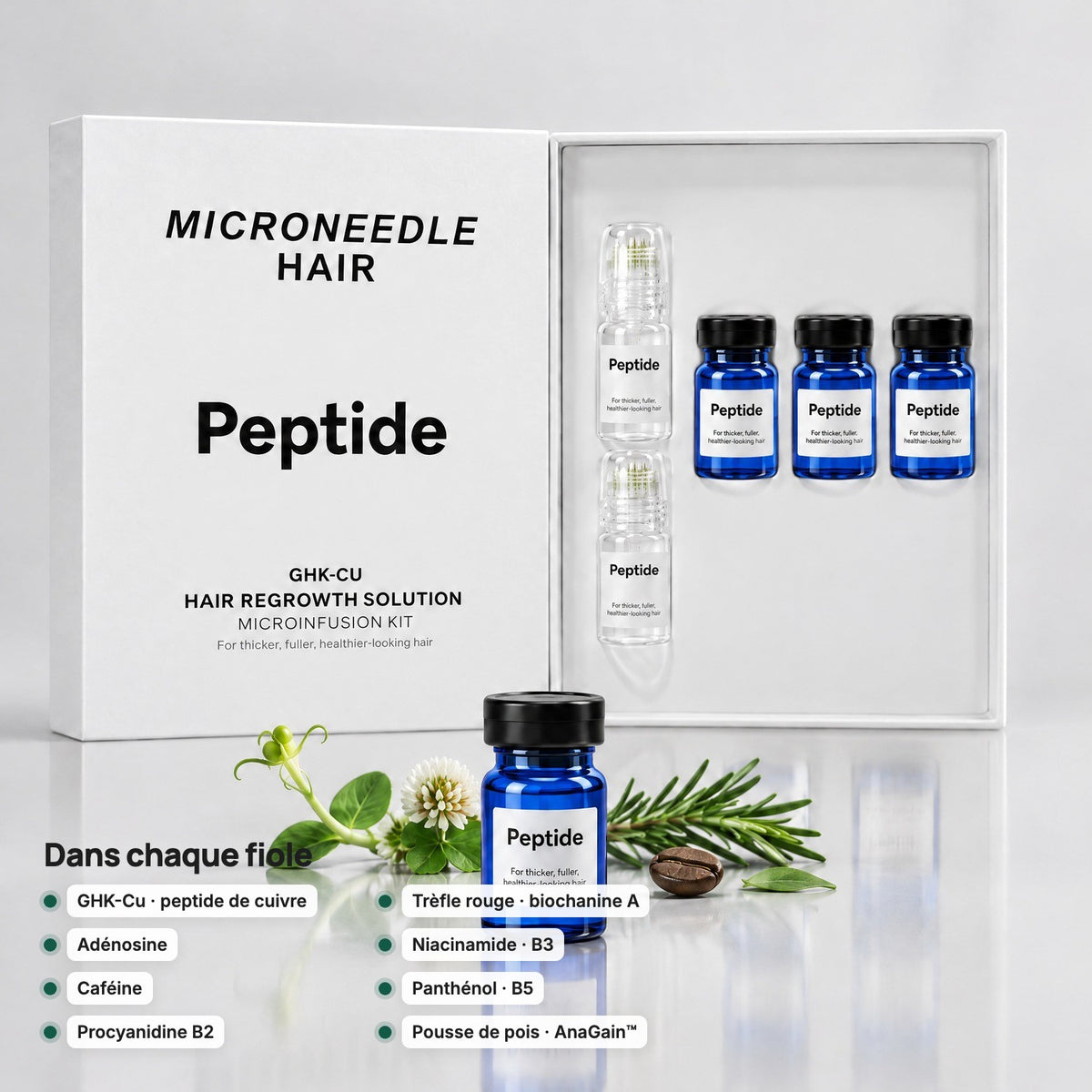 Les actifs de chaque fiole : GHK-Cu, adénosine, caféine, procyanidine B2, trèfle rouge, niacinamide, panthénol