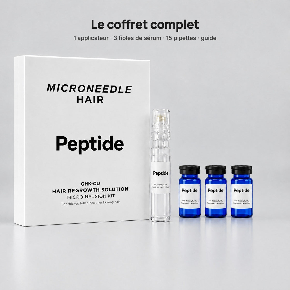Le coffret complet : 1 applicateur, 3 fioles, 15 pipettes, guide