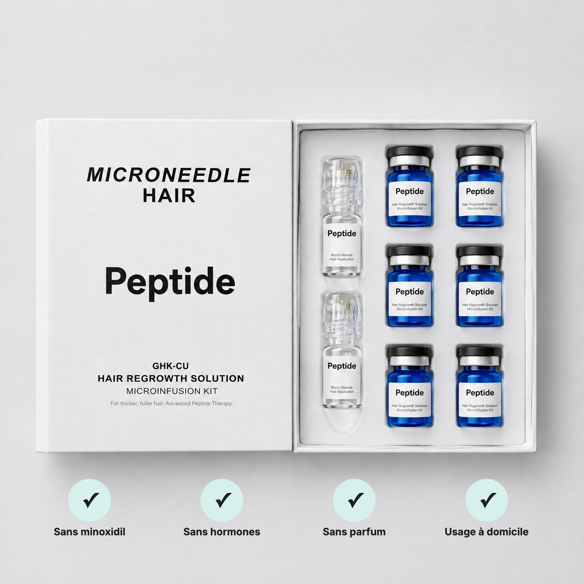 Sans minoxidil, sans hormones, sans parfum, usage à domicile