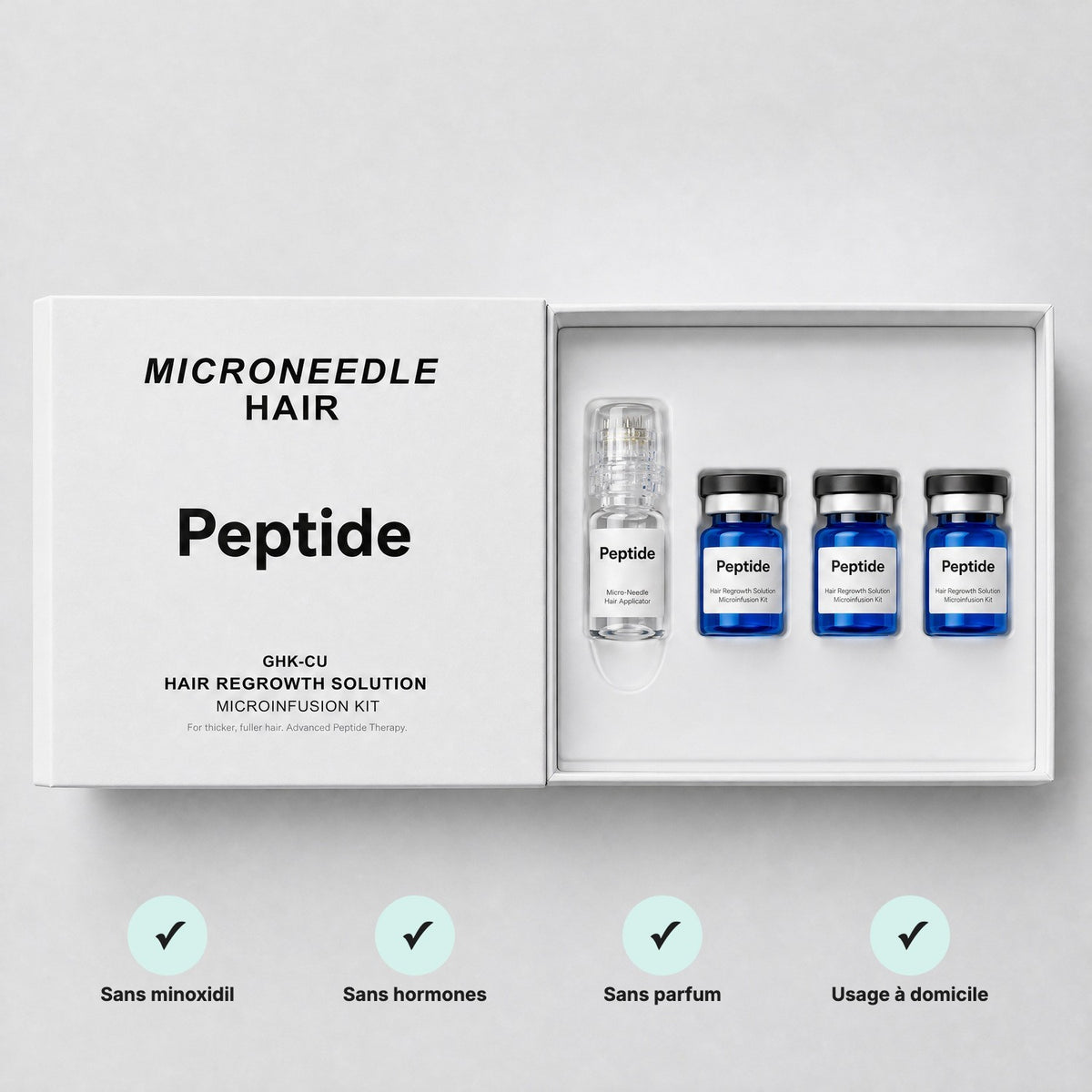 Sans minoxidil, sans hormones, sans parfum, usage à domicile