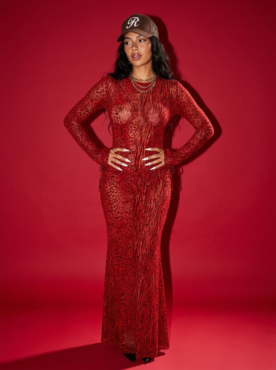 La Pantera red mesh maxi dress front full body — Rossacasa