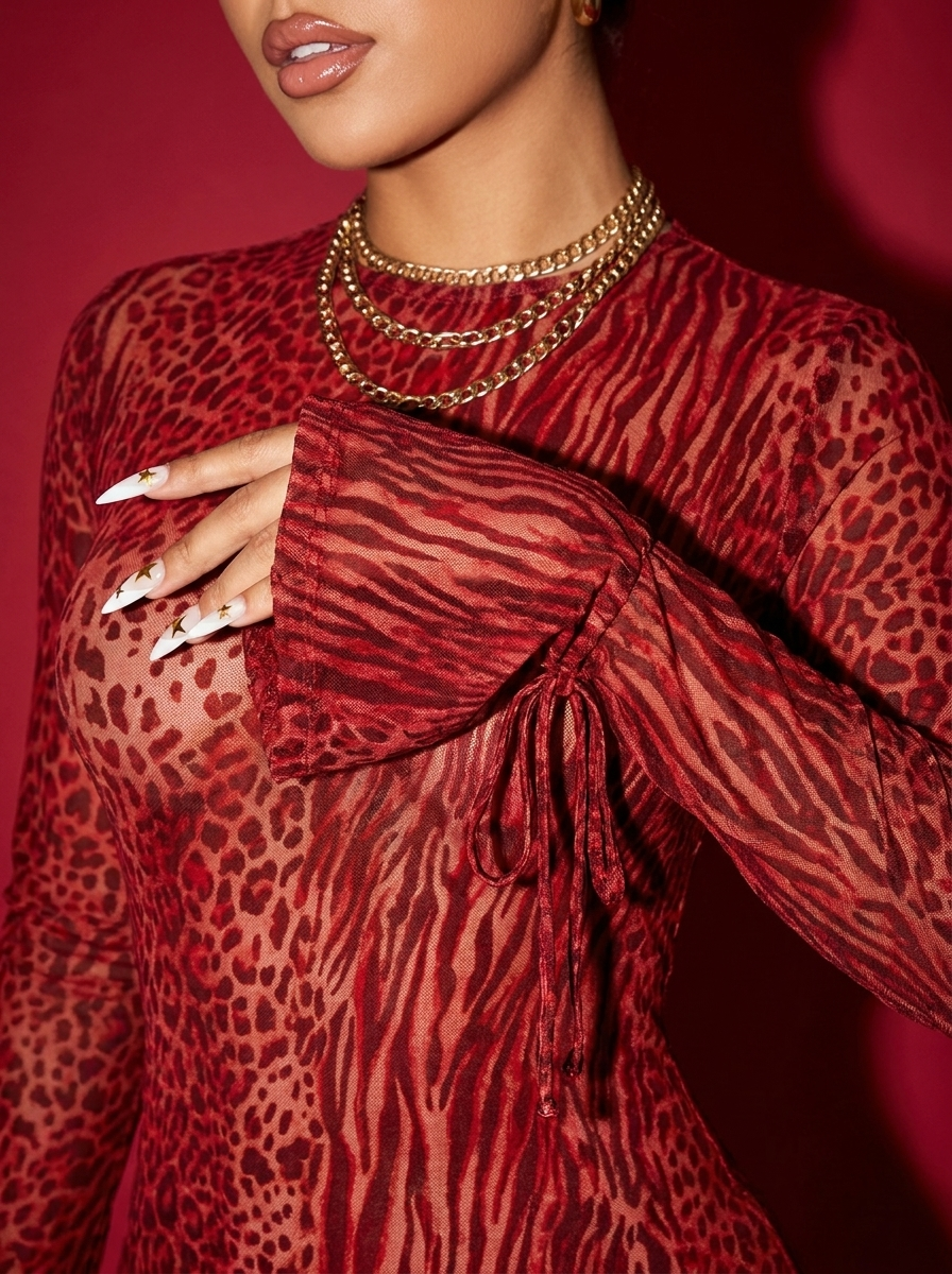 La Pantera red mesh fabric detail bell cuff drawstring — Rossacasa