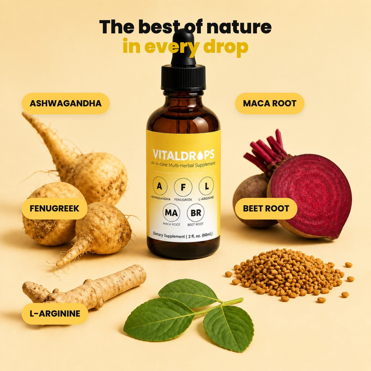 VitalDrops plant ingredients: ashwagandha, maca root, fenugreek, beet root, L-arginine